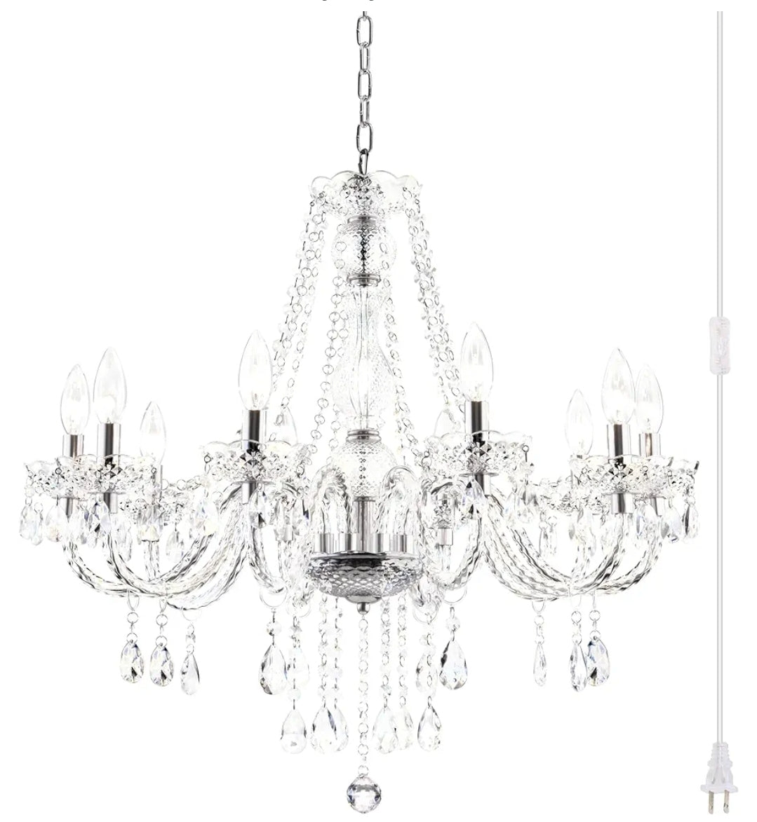 PAPAYA Plug in Crystal Chandeliers Clear Chandelier 25 * 27.5in 10-Light Modern Pendant Ceiling Lighting Fixture with Acrylic Crystals & Beads for Girls Room,Living Room,Kitchen Island,Entryway.