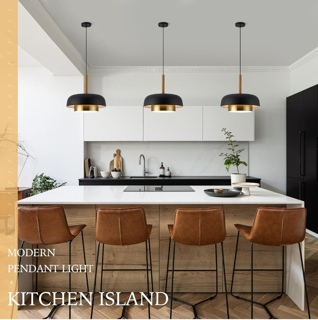 Mid Century Pendant Lighting,18.8 inch,2 Tiers,Raw Wood Accent,Black and Gold Modern Chandelier for Kitchen Island, Dining Room, Living Room