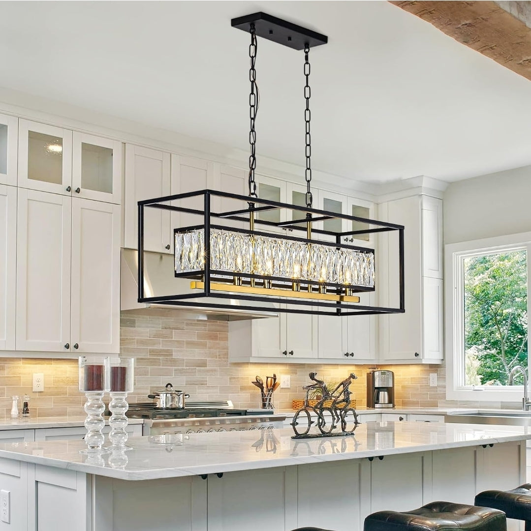 Black Crystal Chandelier for Dining Room 6-Light Rectangle Modern Farmhouse Lighting Linear Contemporary Kitchen Island Pendant Light with Adjustable Chain L35 (UL Certified)