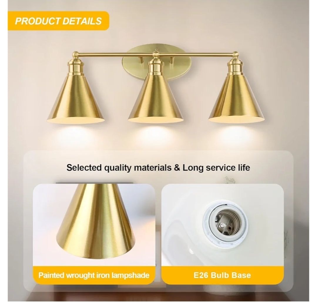 Kalium Bathroom Light Fixtures, 3 Light Mid Century Modern Bathroom Lighting Fixtures Over Mirror, 24 Inch Gold Bathroom Vanity Light, Anti-Rust Vanity Lights for Bathroom Shower Toilet E26 Bulbs