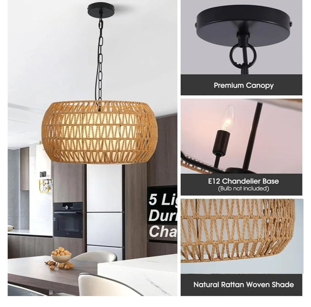 Rattan Wicker Drum Chandeliers for Dining Room 5-Light Bohemian Hand-Woven Farmhouse Drum Pendant Chandelier Light Fixture for Entryway Living Room Kitchen Stairway Bedroom Hallway