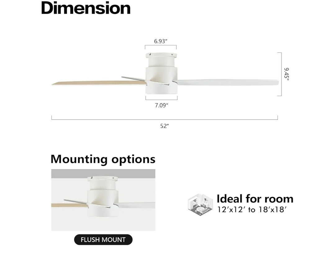 WINGBO 52" Flush Mount DC Ceiling Fan without Lights, 4 Reversible Blades, Ultra Quiet 6-Speed DC Motor, Hugger Low Profile Indoor Ceiling Fan No Lights, White Finish