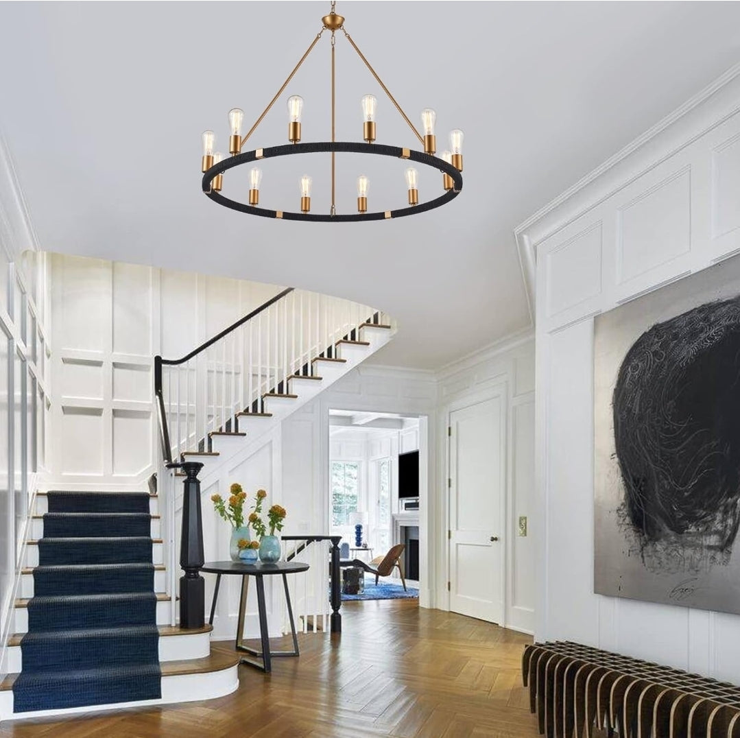 12-Lights Wagon Wheel Chandelier Bohemia Black Hand Woven Rattan Chandelier Farmhouse Large Brass Pendant Light for High Ceilings Living Room Dining Room, Dia 42 Inch, UL Listed