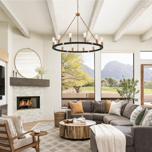 12-Lights Wagon Wheel Chandelier Bohemia Black Hand Woven Rattan Chandelier Farmhouse Large Brass Pendant Light for High Ceilings Living Room Dining Room, Dia 42 Inch, UL Listed