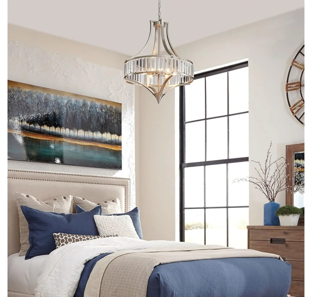 Rustic Large Farmhouse Chandelier for Dining Room with Round Metal Shade 6-Light Brushed Nickel Light Fixture, Crystal Chandeliers for Hallway, Bedroom, Foyer