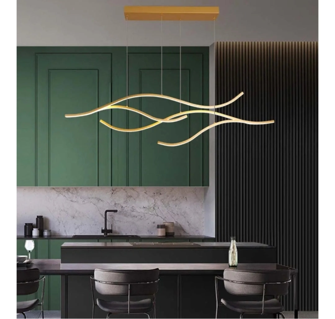LightInTheBox Modern LED Linear Wave Chandelier - Dimmable Branch Pendant Light for Kitchen Island, Living Room, Dining Room (Gold)