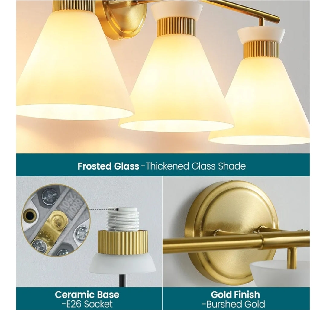 WOSHITU Bathroom Vanity Light Fixtures: 3-Lights Mid Century Modern Vanity Lights for Bathroom Over Mirror, Brushed Gold Wall Sconce Lighting with Frosted Milky Glass Shade for Bath Living Room