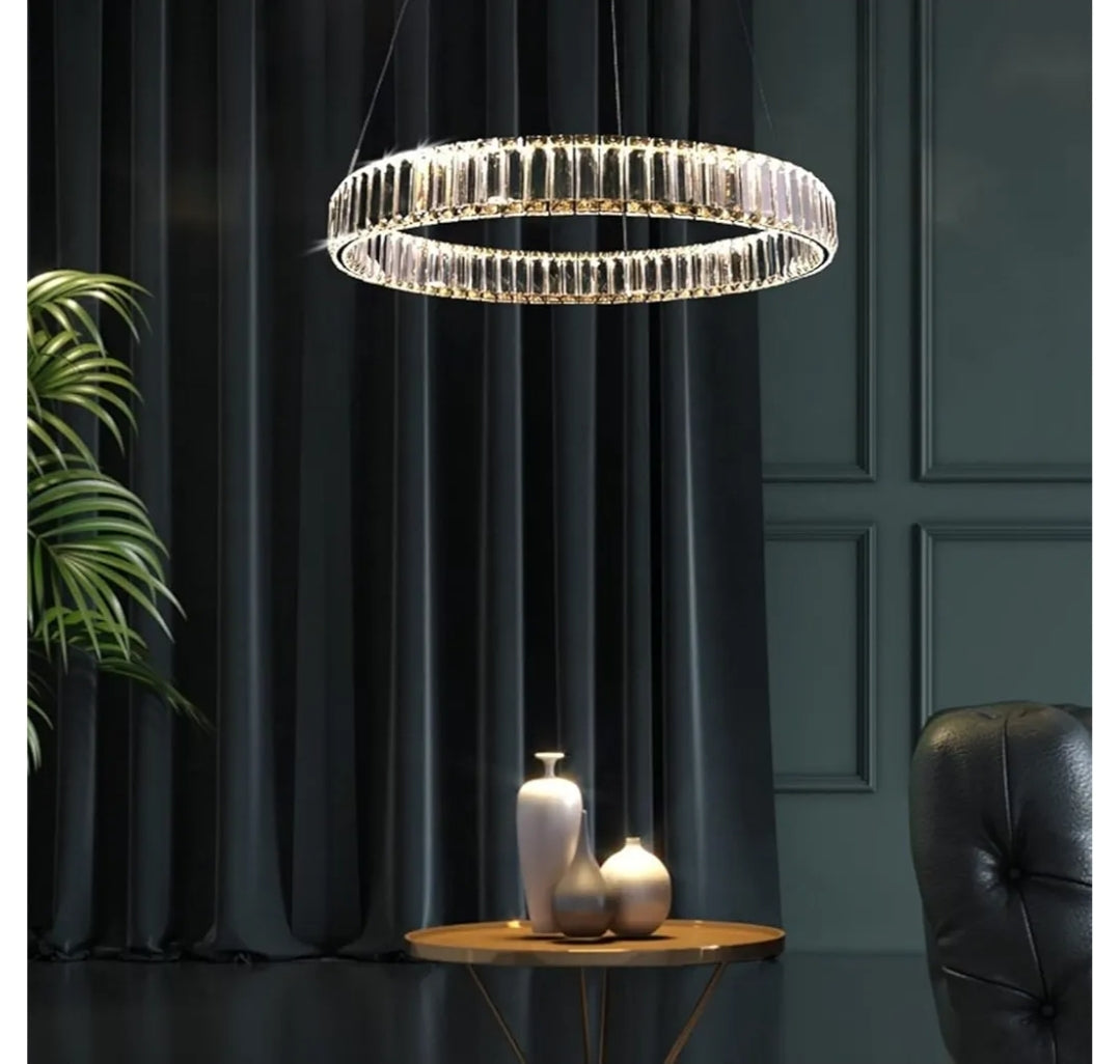 Modern Crystal Chandeliers with Remote, 3000-6000K 20in Gold Ring Pendant Light LED Dimmable Round Crystal Chandeliers with Remote for Living Room Dinning Room Bedroom