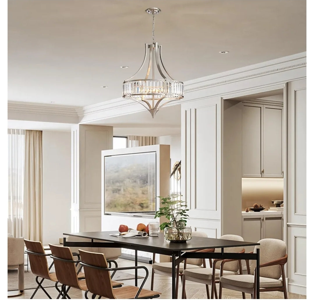 Rustic Large Farmhouse Chandelier for Dining Room with Round Metal Shade 6-Light Brushed Nickel Light Fixture, Crystal Chandeliers for Hallway, Bedroom, Foyer