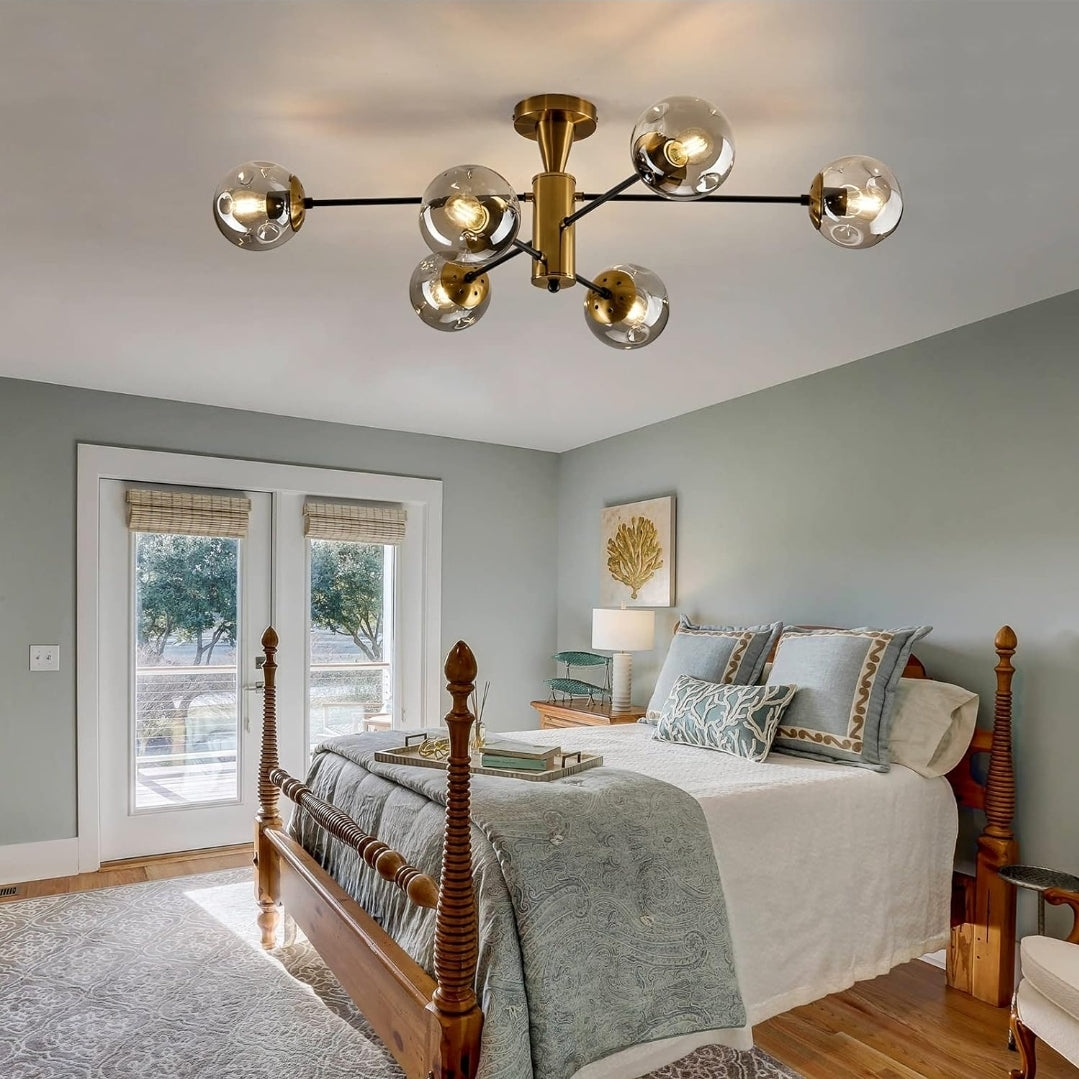 Modern Semi Flush Mount Ceiling Light Fixture 6-Light Sputnik Gold Chandelier with Glass Globe Mid Century Ceiling Lighting for Dinning Room Farmhouse Kitchen Bedroom Living Room.