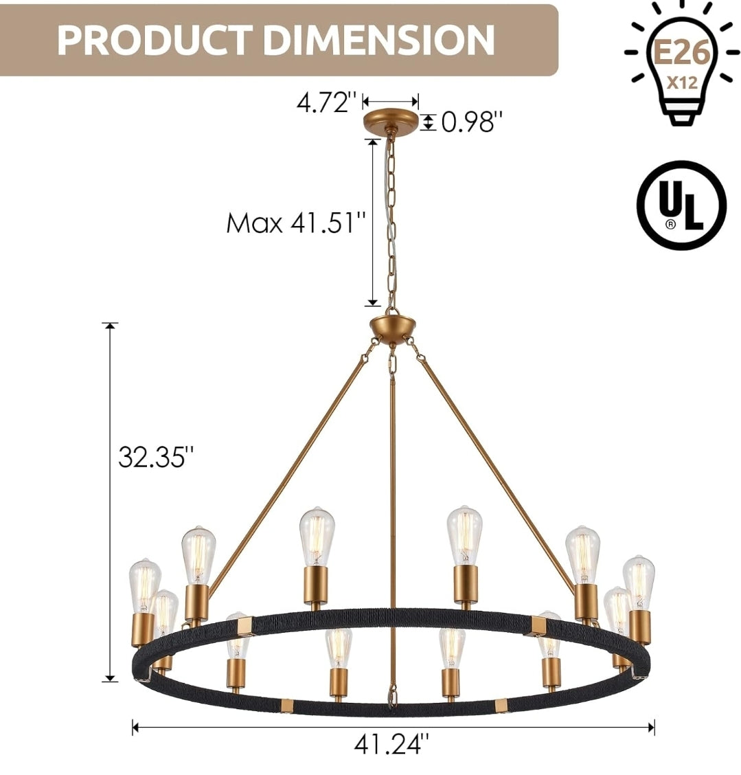 12-Lights Wagon Wheel Chandelier Bohemia Black Hand Woven Rattan Chandelier Farmhouse Large Brass Pendant Light for High Ceilings Living Room Dining Room, Dia 42 Inch, UL Listed