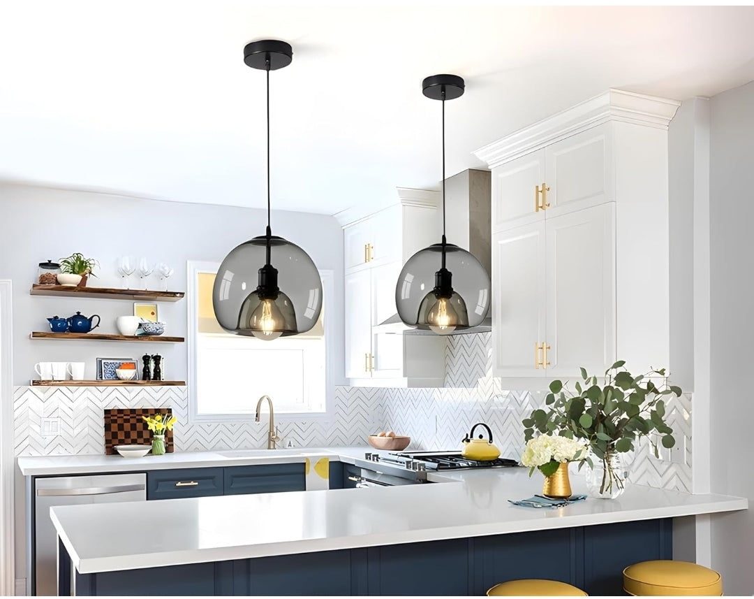 MIXL- Smoked Glass Pendant Light,Modern Globe Shape Glass Chandelier,Creative Light Pendants for Kitchen Island,Bedroom& Living Room