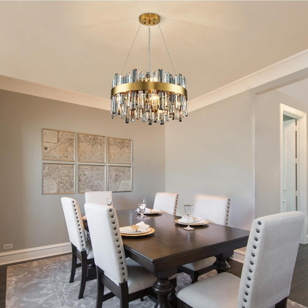 Siljoy 19.7'' Modern Crystal Chandelier, 12-Light Brass Gold Round Raindrop Chandelier Lighting, Luxury Adjustable Hanging Pendant Light Fixture for Living Dining Room Kitchen Island Bedroom Foyer