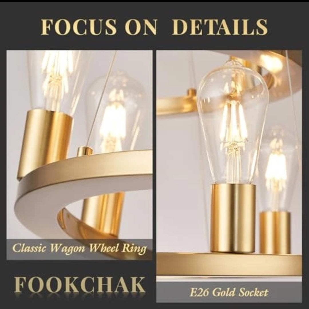 Gold Wagon Wheel Chandelier, 22-Light 24inch Foyer Chandelier High Ceiling Light Fixture 3-Ring Metal Round Chandeliers for Entryway Living Room Bedroom Dining Room