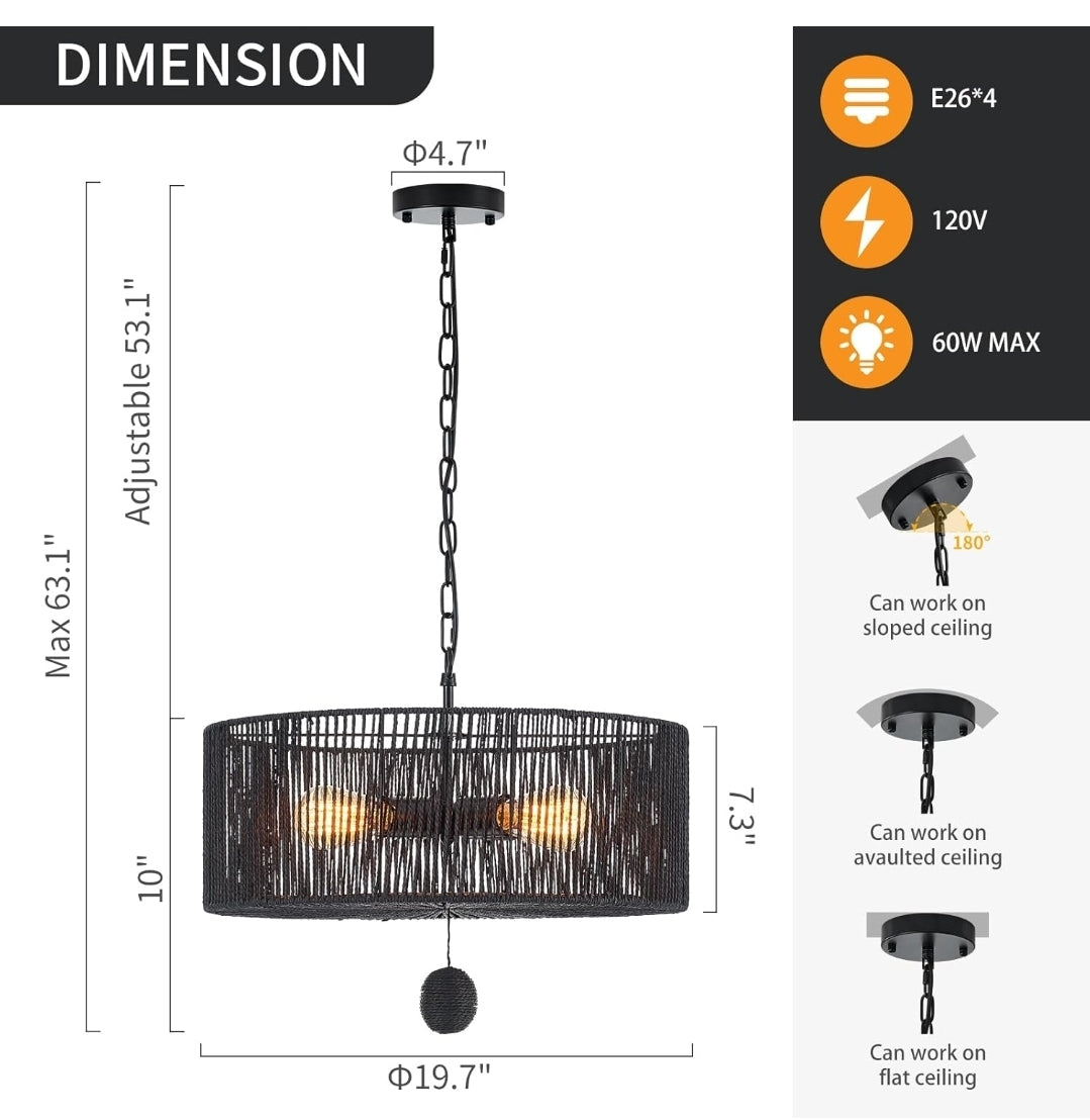 Drum Rattan Chandelier Light Fixture, Vintage Farmhouse 4-Lights Black Hand Woven Bamboo Chandelier, Rustic 19.7" for Dining Room, Bedroom, Kitchen