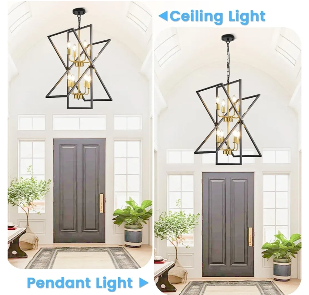 Black and Gold Chandelier, 8-Light Industrial Farmhouse Ceiling Pendant Light Fixtures, Modern Foyer Lighting Fixtures, Large Chandeliers for High Ceilings, Pendant Lights Kitchen Island for Entryway