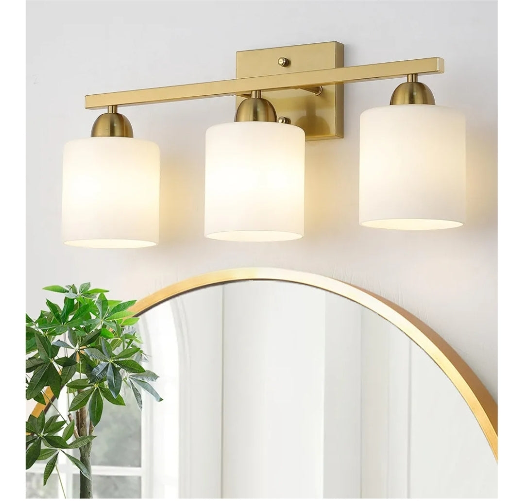 Stainless Steel Milk Glass Bathroom Vanity Light Over Mirror, 3 Light Brushed Gold Bathroom Light Fixtures with Frosted Glass, Modern Vanity Lighting Wall Mount