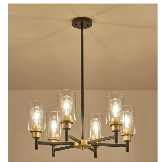 6-Light Modern Chandeliers, Black and Gold Chandelier Light Fixture with Clear Glass Shades, Hanging Pendant Lighting for Dining Room, Living Room, Kitchen, Staircase, Entryway