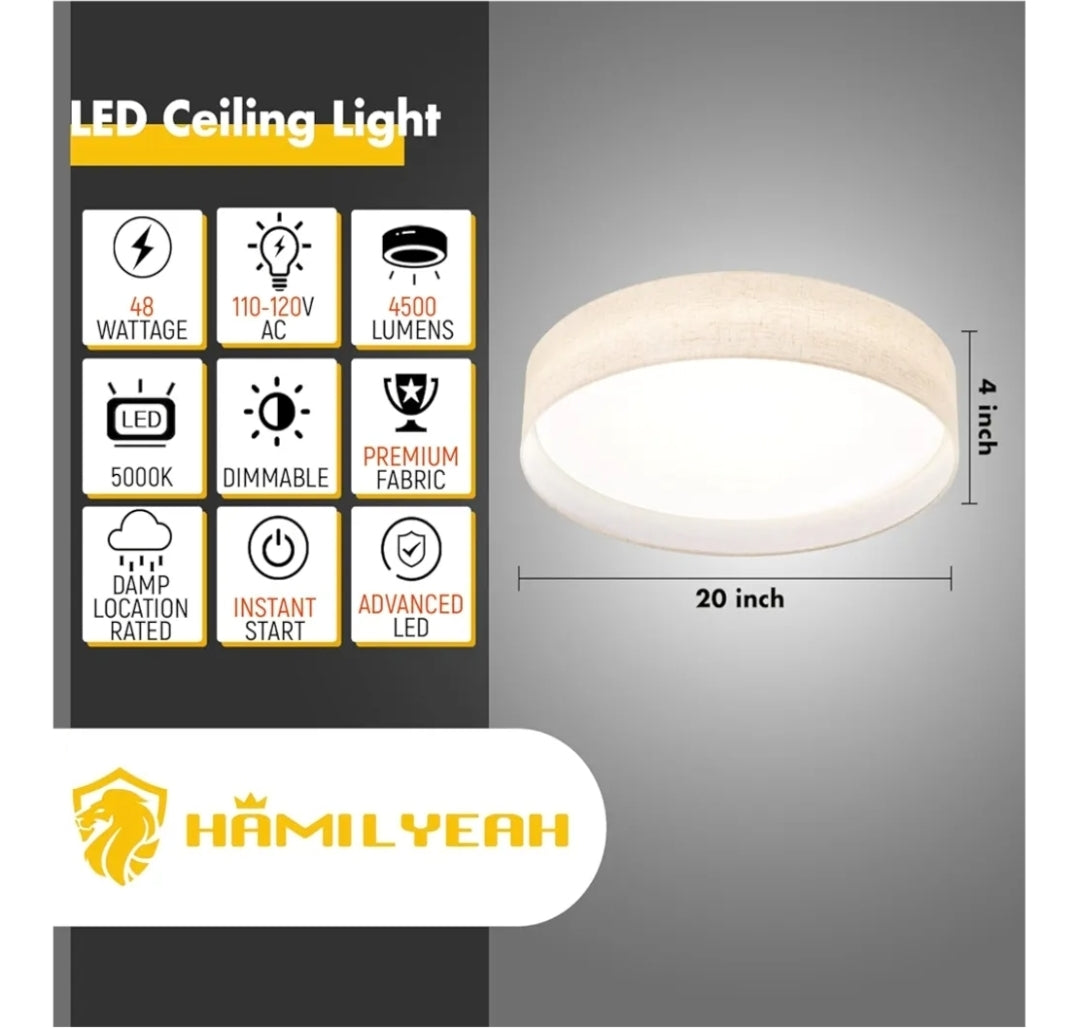 Hamilyeah 20 inch Flush Mount Ceiling Light, 48W Close to Ceiling Light with Fabric Shade, 5000K Daylight Modern Light Fixture Ceiling Mount for Bedroom, Living Room, Dining Room, Hotel