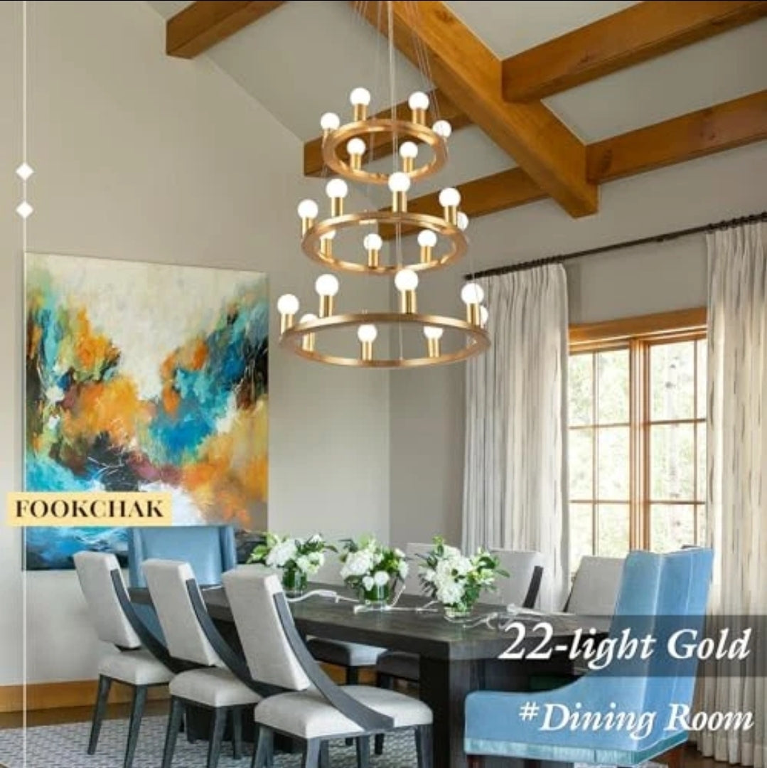 Gold Wagon Wheel Chandelier, 22-Light 24inch Foyer Chandelier High Ceiling Light Fixture 3-Ring Metal Round Chandeliers for Entryway Living Room Bedroom Dining Room
