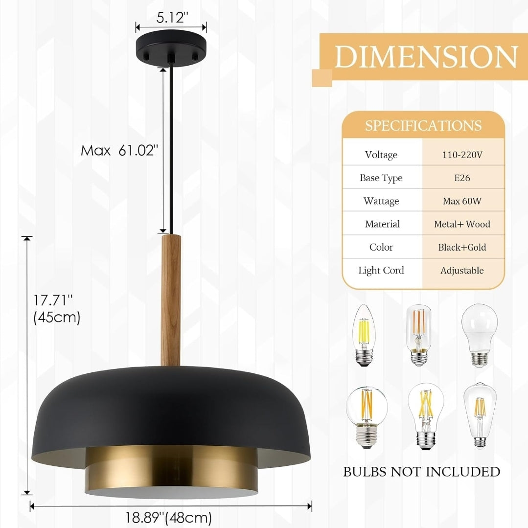 Mid Century Pendant Lighting,18.8 inch,2 Tiers,Raw Wood Accent,Black and Gold Modern Chandelier for Kitchen Island, Dining Room, Living Room