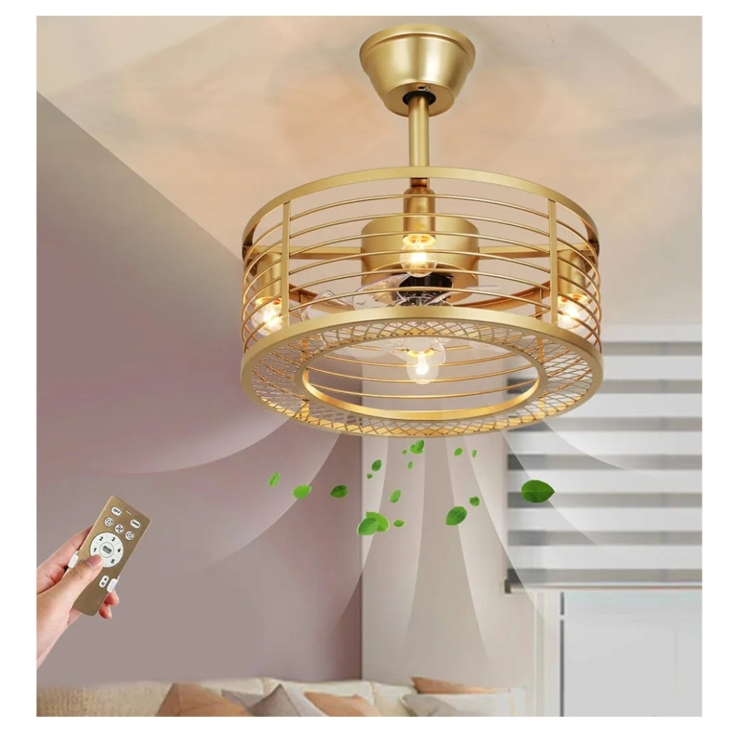 Gold Caged Ceiling Fans with Lights and Remote Control 6-Speed Reversible Noiseless Motor 18" Fandelier Ceiling Fans with Lights Bladeless Ceiling Fan Light for Bedroom and Kitchen