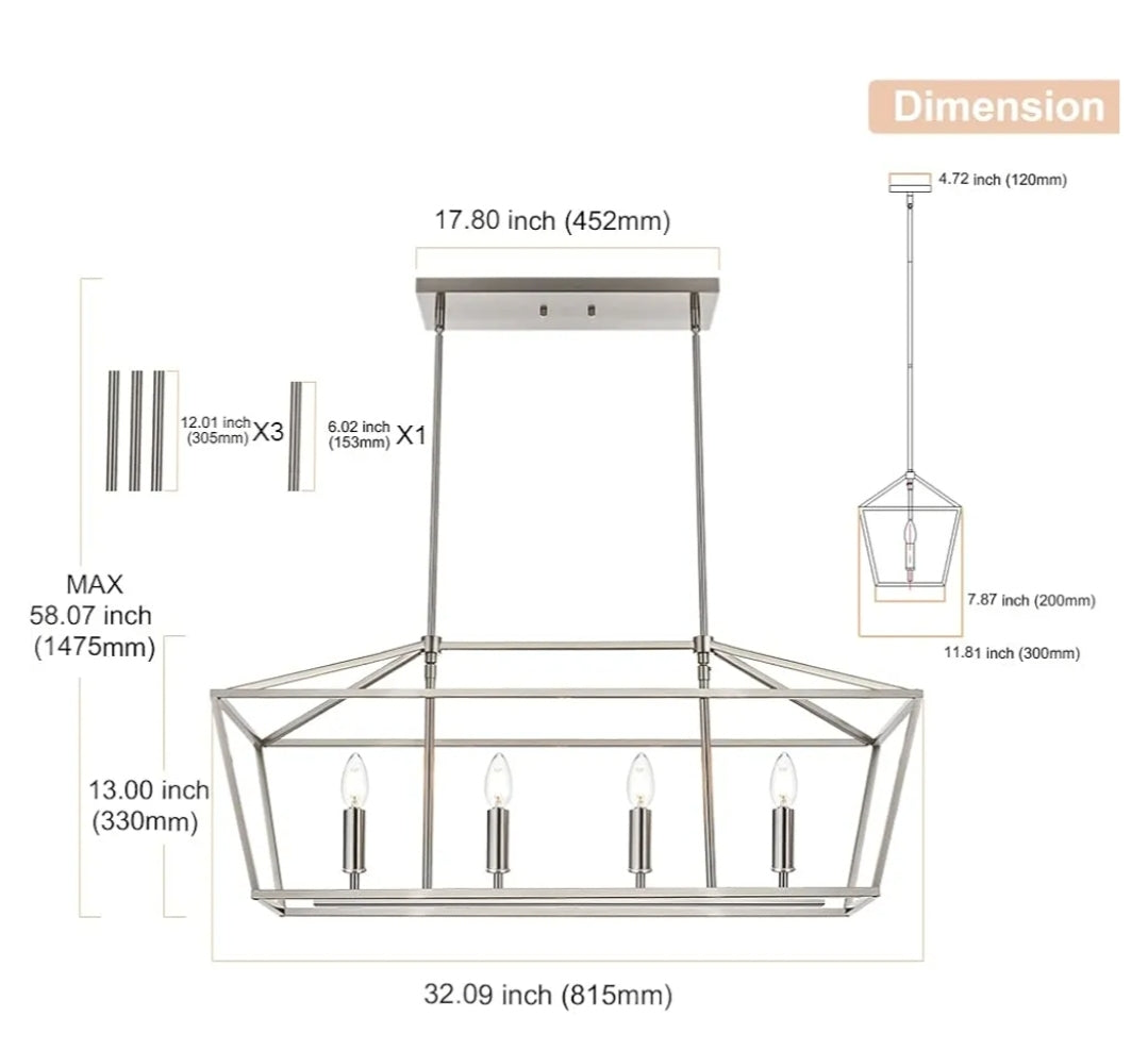4-Lights Brushed Nickel Farmhouse Chandelier, Dining Room Pendant Lighting Fixtures Adjustable Height, Kitchen Island Light Ceiling Mount E12 Socket