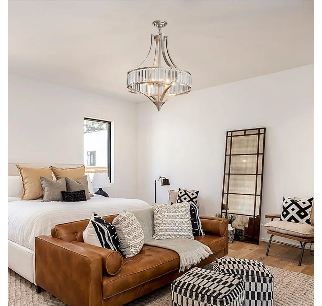 Rustic Large Farmhouse Chandelier for Dining Room with Round Metal Shade 6-Light Brushed Nickel Light Fixture, Crystal Chandeliers for Hallway, Bedroom, Foyer