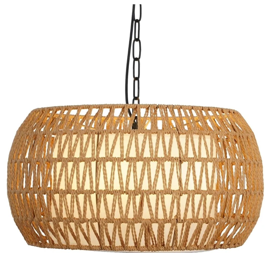 Rattan Wicker Drum Chandeliers for Dining Room 5-Light Bohemian Hand-Woven Farmhouse Drum Pendant Chandelier Light Fixture for Entryway Living Room Kitchen Stairway Bedroom Hallway