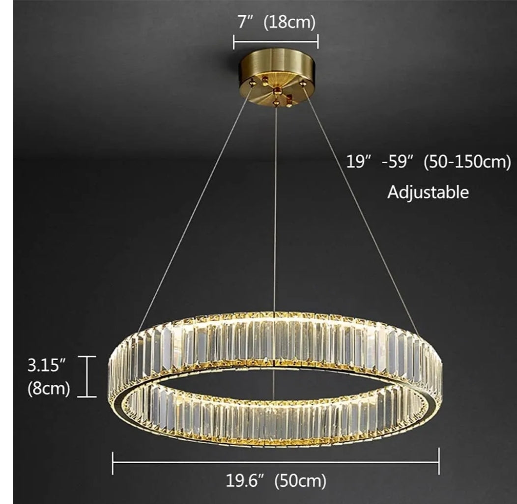 Modern Crystal Chandeliers with Remote, 3000-6000K 20in Gold Ring Pendant Light LED Dimmable Round Crystal Chandeliers with Remote for Living Room Dinning Room Bedroom