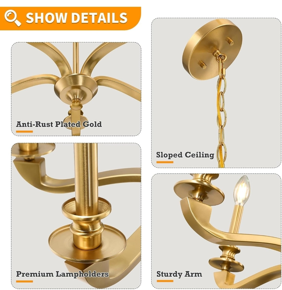 Gold Chandeliers for Dining Room, 25.5 Inch Vintage Gold Chandelier Light Fixture Over Table, Farmhouse Candle Chandeliers, 5-Light Brass Chandeliers for Kitchen, Bedroom, Living Room (E12 Base)