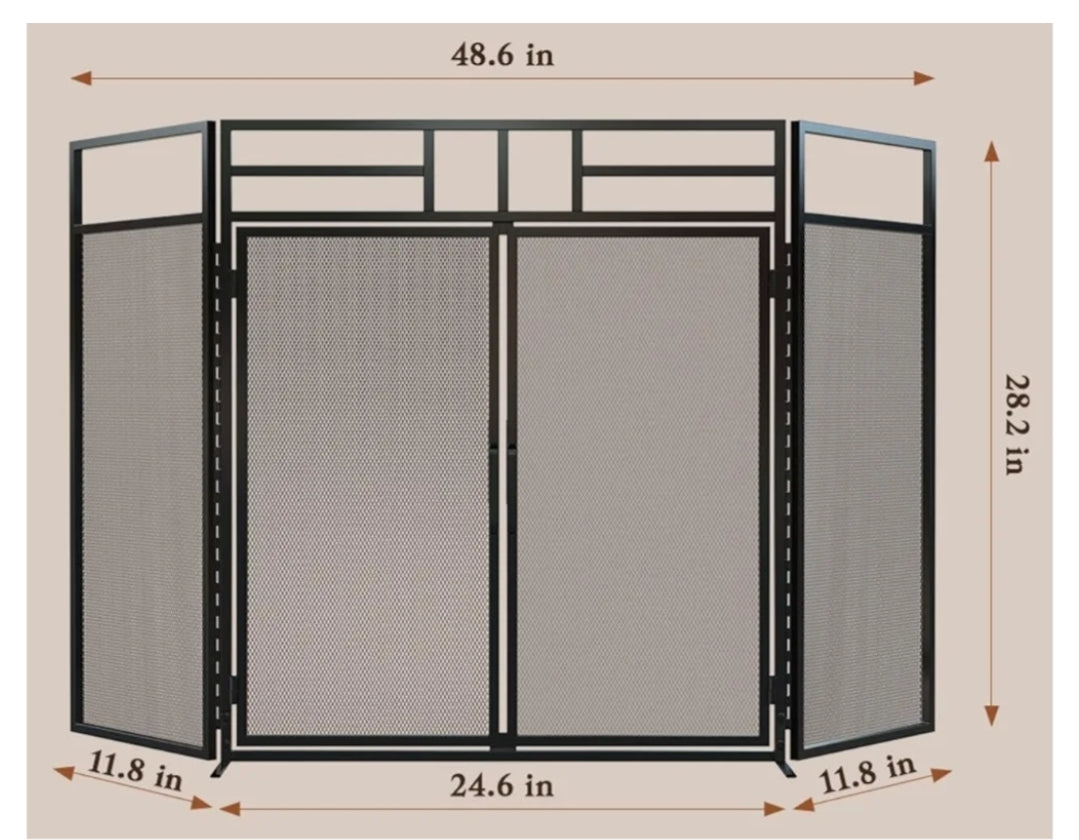 Fire Beauty 3-Panel Folding Fireplace Screen with Magnetic Hinged Doors, Solid Wrought Iron Panels Fire Spark Guard