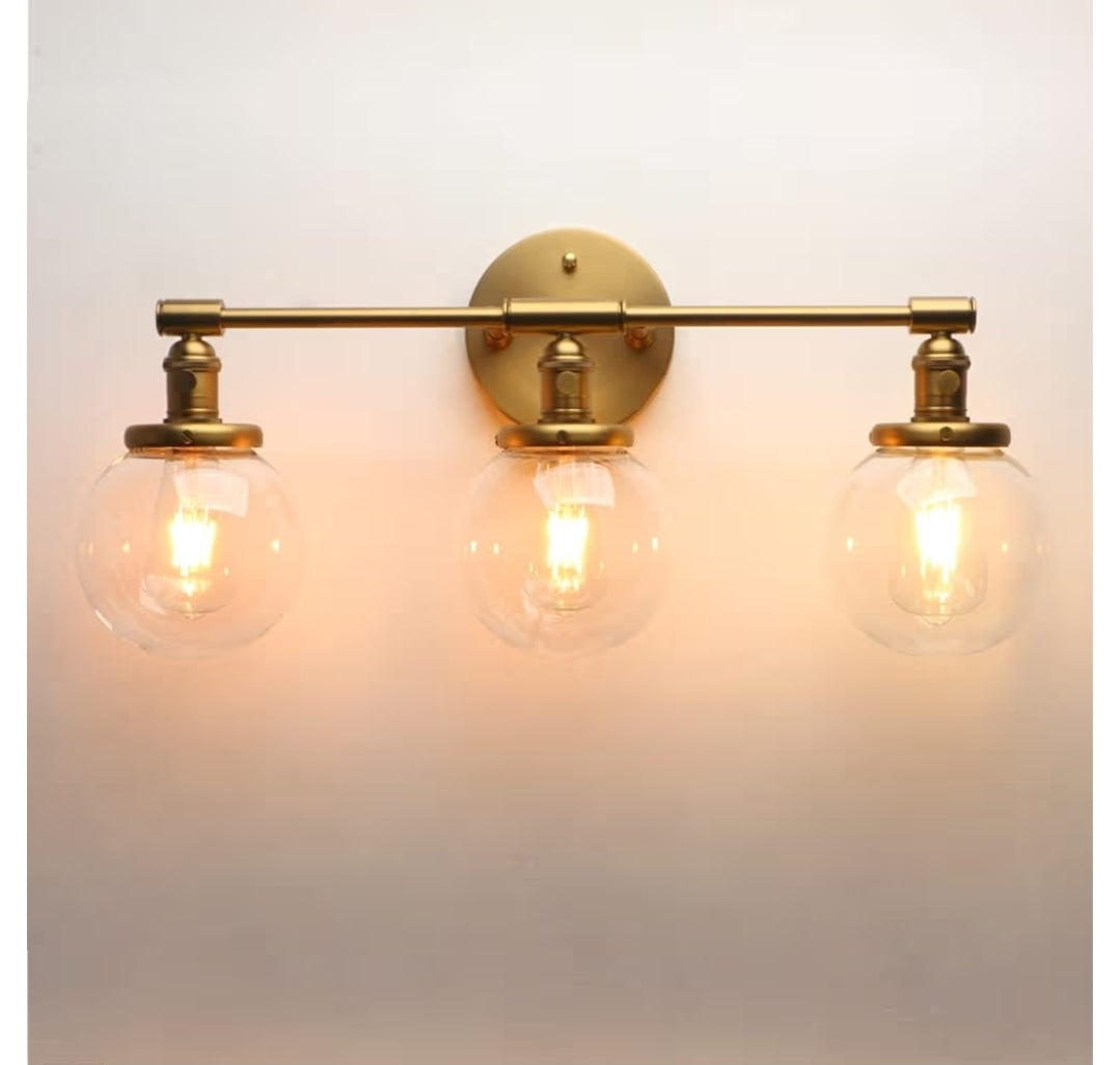 Phansthy Three Light Indoor Wall Fixture Bathroom Vanity Lighting with 5.6 Inches Globe Clear Glass Lamp Shade, Antique