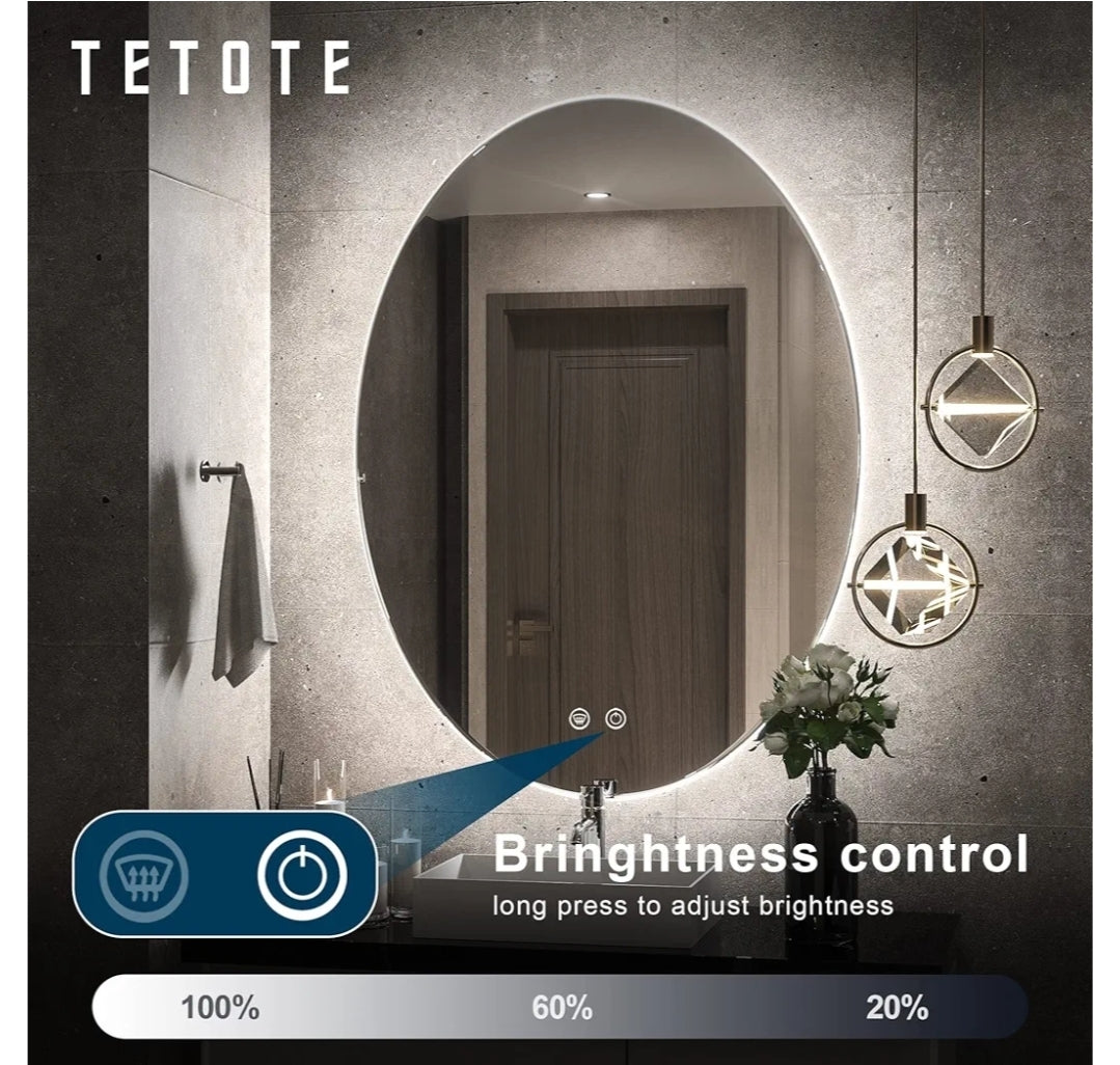 TETOTE 24x32 Inch Backlit Oval Mirror for Bathroom,LED Vanity Mirror for Makeup,Dimmable,Anti-Fog Modern Mirror with Lights Wall Mounted