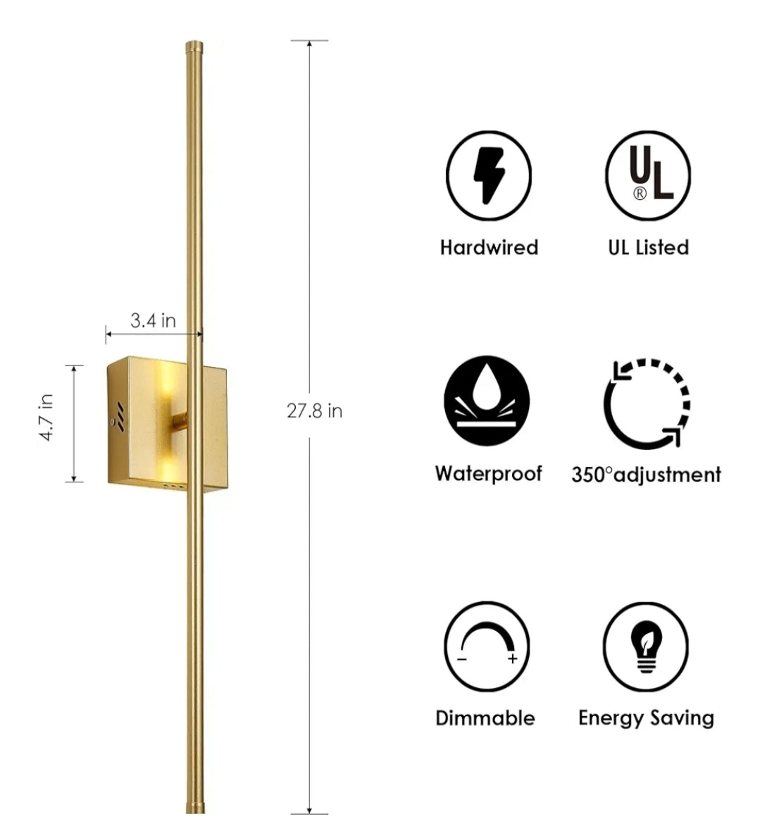 Modern Wall Sconces Set of Two, Dimmable Hardwired Wall Sconces, 350° Rotate, LED Matte Gold Wall Light Fixtures, 3000K Warm Light for Bathroom, Living Room,27.8 Inch