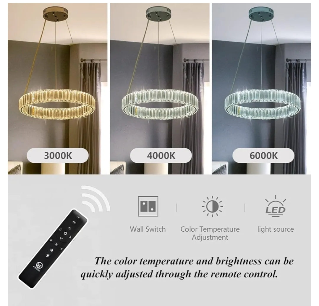 Modern Crystal Chandeliers with Remote, 3000-6000K 20in Gold Ring Pendant Light LED Dimmable Round Crystal Chandeliers with Remote for Living Room Dinning Room Bedroom