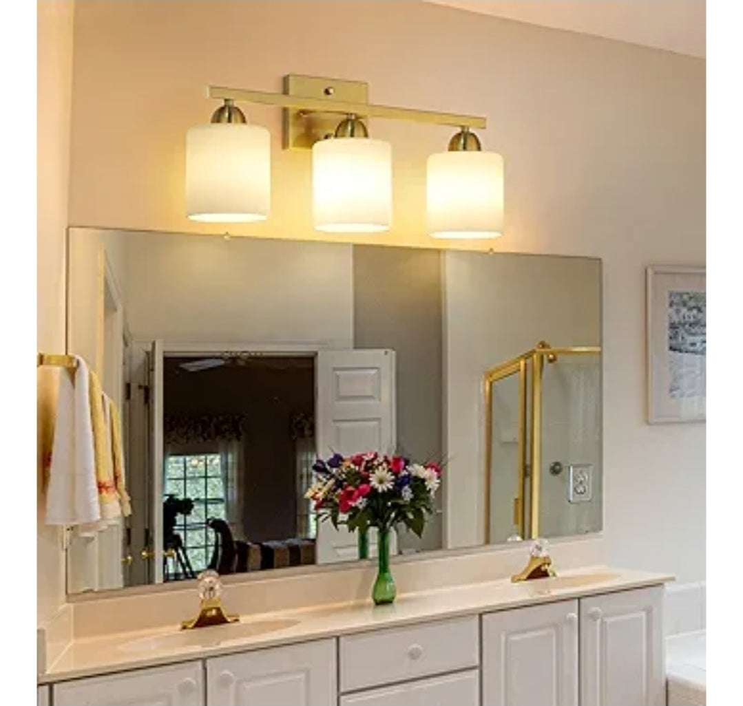 Stainless Steel Milk Glass Bathroom Vanity Light Over Mirror, 3 Light Brushed Gold Bathroom Light Fixtures with Frosted Glass, Modern Vanity Lighting Wall Mount
