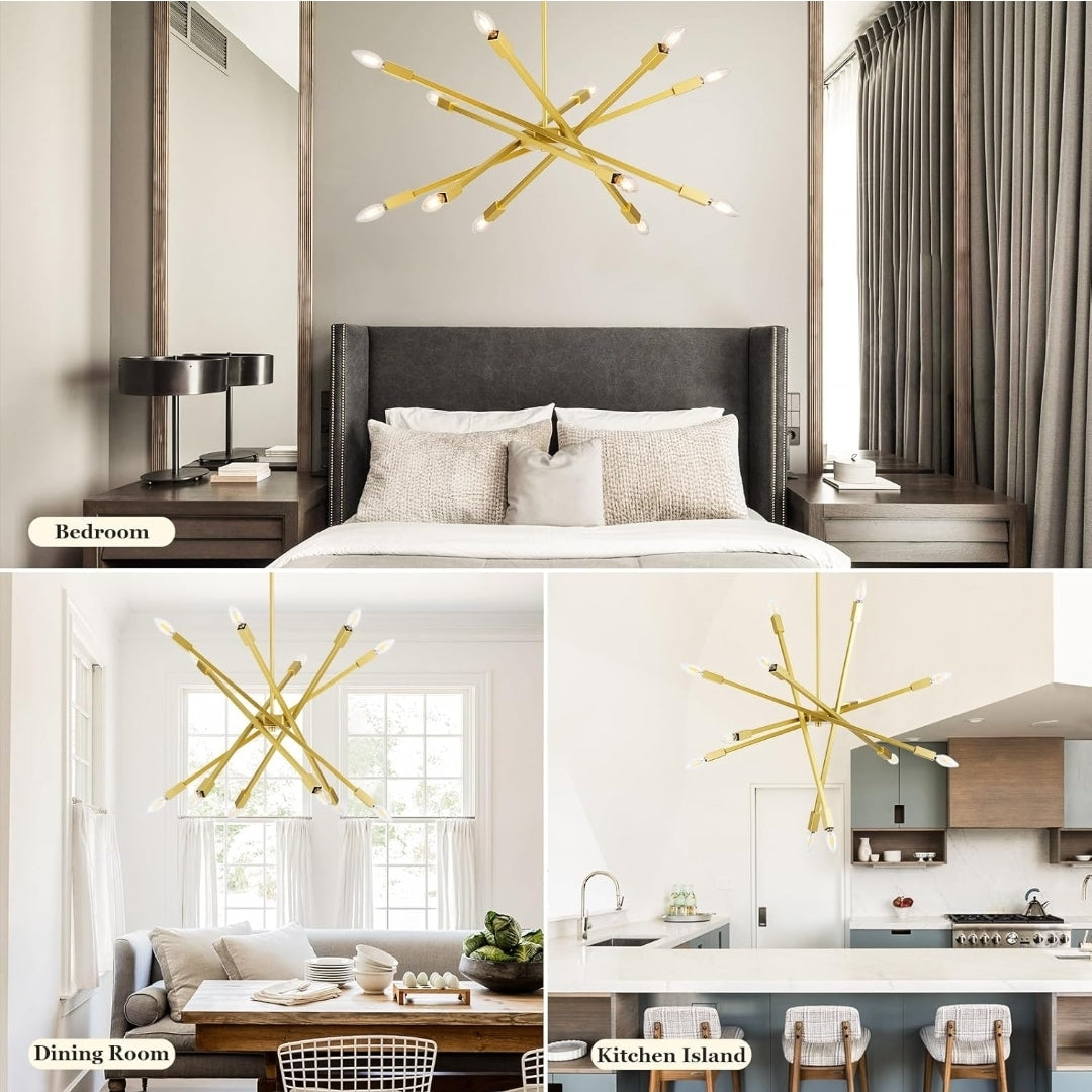 Modern Sputnik Chandeliers Ceiling Light Fixtures, Industrial Metal Farmhouse Chandelier Over Table, Mid-Century 12-Light Adjustable Height Chandeliers for Dining Living Room, Kitchen Island, Golden