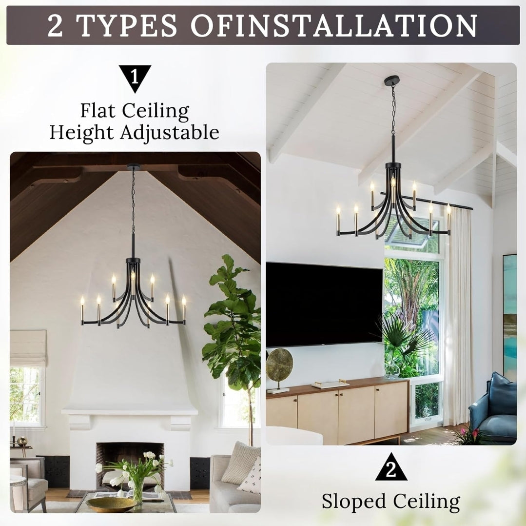9-Light Modern Chandelier Black and Gold Chandeliers Farmhouse Pendant Light Fixture Candle Chandelier for Dining Room Living Room Entryway Foyer Kitchen