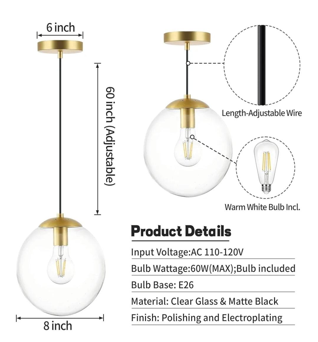 KoKo&Yukina Globe Pendant Lighting for Kitchen Island Mid Century Modern Hanging Light Fixture with Clear Globe Glass Gold Brass Hanging Ceiling Lights for Sink Bathroom Entryway