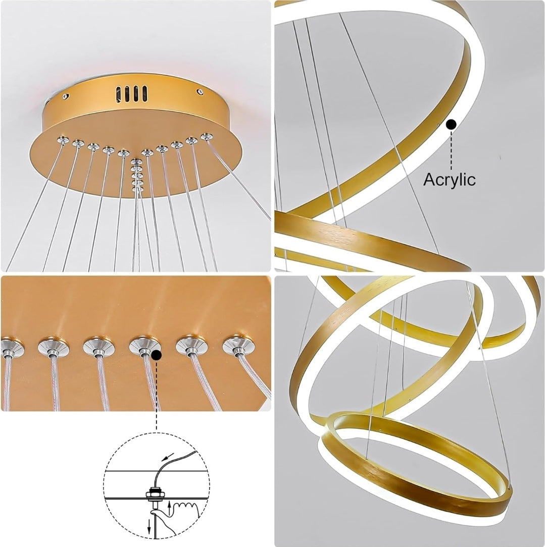 5-Rings Modern LED Chandelier Gold Dimmable High Ceiling Chandelier for Dining Room with Remote Control for Foyer Living Room Entryway Staircase(D23.6’’, 3000K-6500K)