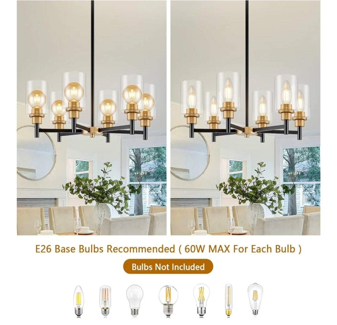 6-Light Modern Chandeliers, Black and Gold Chandelier Light Fixture with Clear Glass Shades, Hanging Pendant Lighting for Dining Room, Living Room, Kitchen, Staircase, Entryway