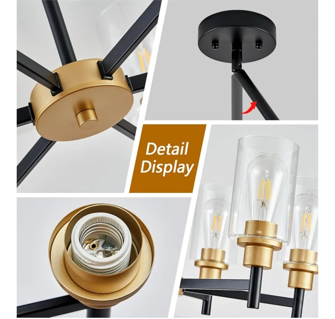 6-Light Modern Chandeliers, Black and Gold Chandelier Light Fixture with Clear Glass Shades, Hanging Pendant Lighting for Dining Room, Living Room, Kitchen, Staircase, Entryway