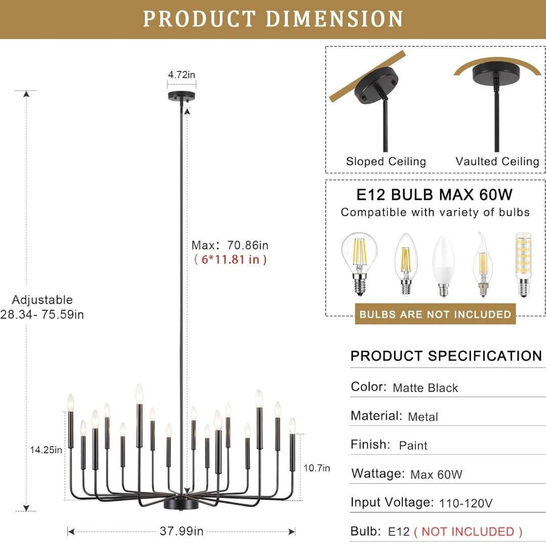 Large Black Chandeliers for Dining Room Light Fixture 16 Lights Modern Farmhouse Chandelier Rustic Hanging Pendant Light Fixtures Candle Chandelier for Living Room Kitchen Island Entryway Foyer