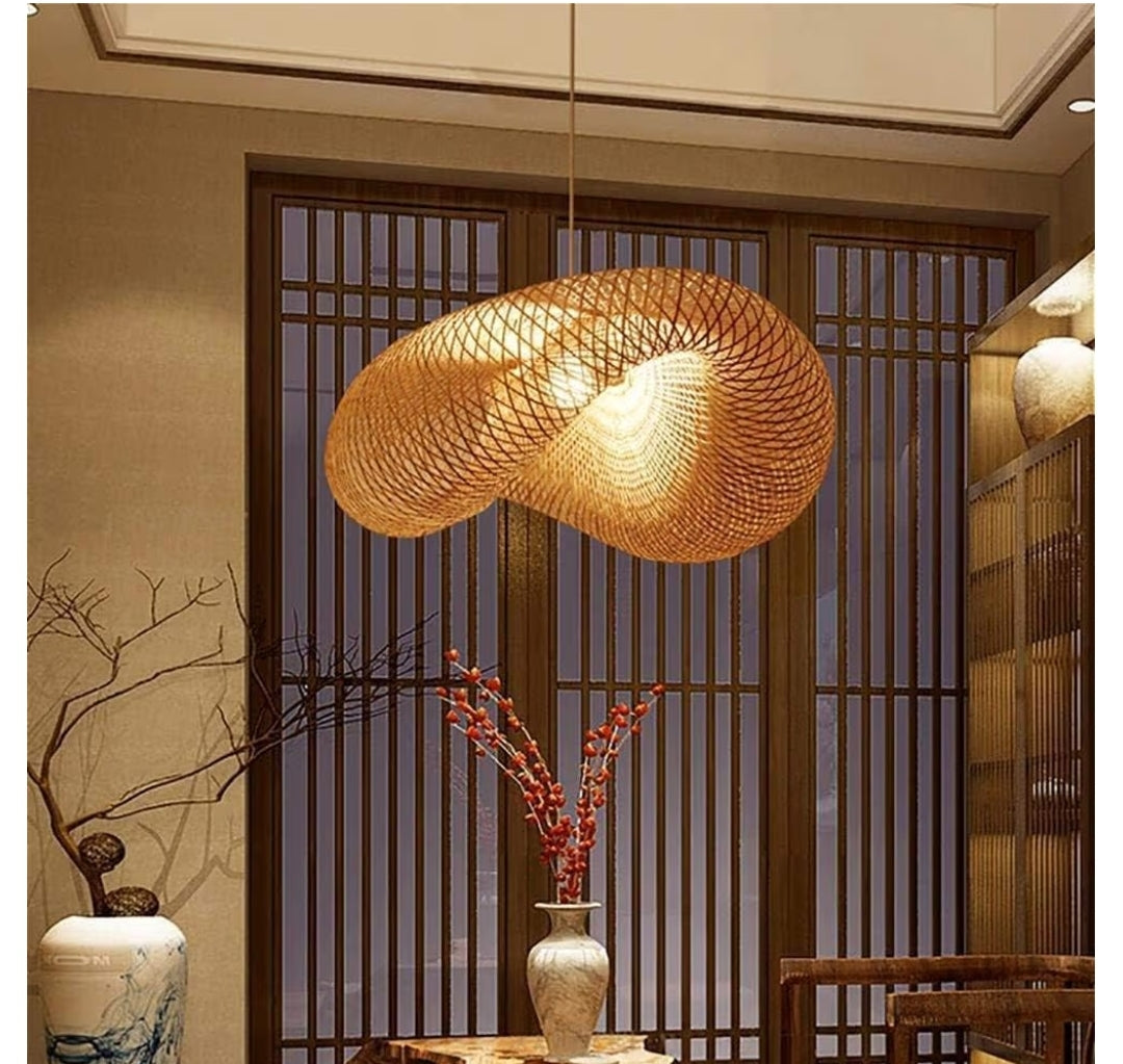 Farmhouse Bamboo Pendant Light Fixtures, Bird's Nest Shape Rattan Chandelier for Kitchen Island, Adjustable Ceiling Mount Hanging Lamp for Living Room, Dining Room, Bedroom, Entryway Decor