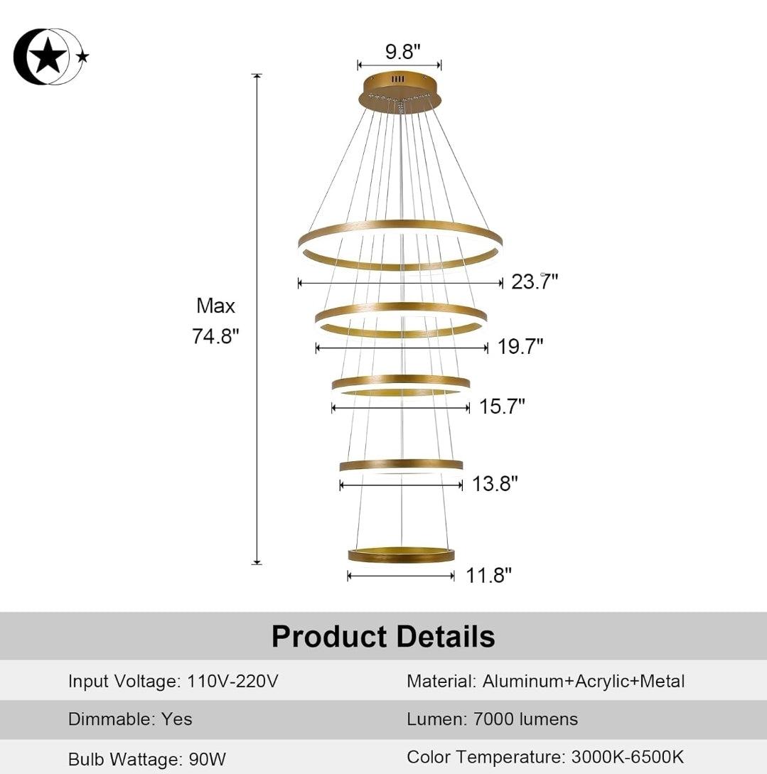 5-Rings Modern LED Chandelier Gold Dimmable High Ceiling Chandelier for Dining Room with Remote Control for Foyer Living Room Entryway Staircase(D23.6’’, 3000K-6500K)