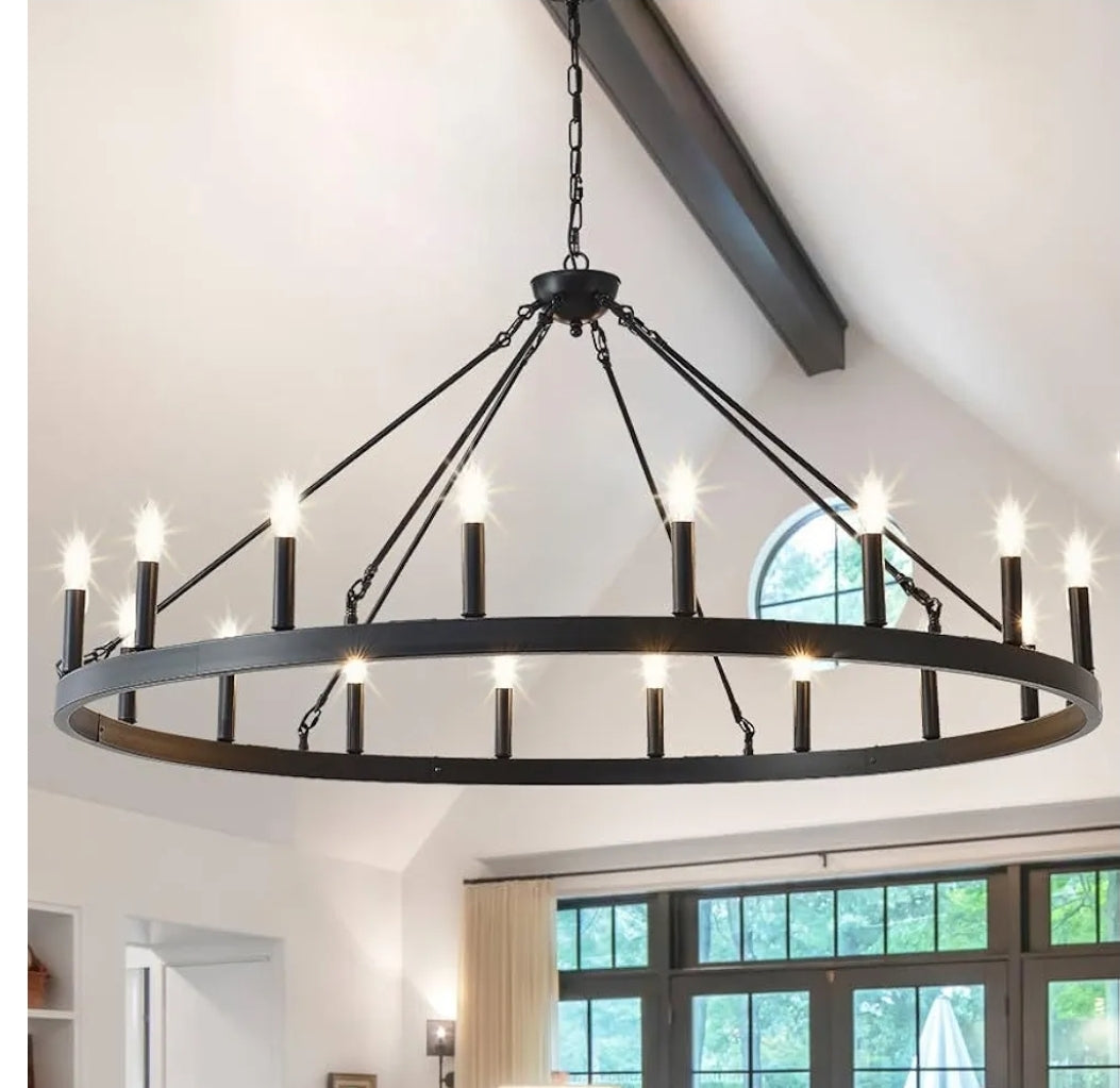 53 Inch Large Farmhouse Wagon Wheel Chandelier,Black 18-Light Rustic Round Hanging Light Fixture,Outdoor Wheel Chandelier for Porch High Ceilings Dining Room, Living Room, Entryway