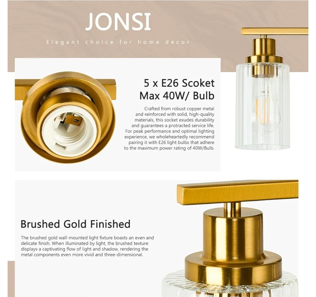 Jonsi Gold 5-Light Bathroom Vanity Light with Glass Shade, Modern Gold Bathroom Lights Over Mirror, W 40.2 x H 10.7 inches
