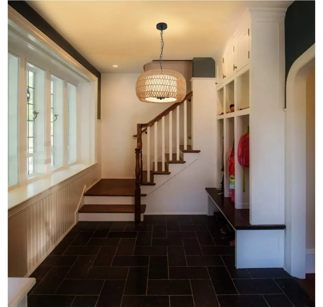 Rattan Wicker Drum Chandeliers for Dining Room 5-Light Bohemian Hand-Woven Farmhouse Drum Pendant Chandelier Light Fixture for Entryway Living Room Kitchen Stairway Bedroom Hallway