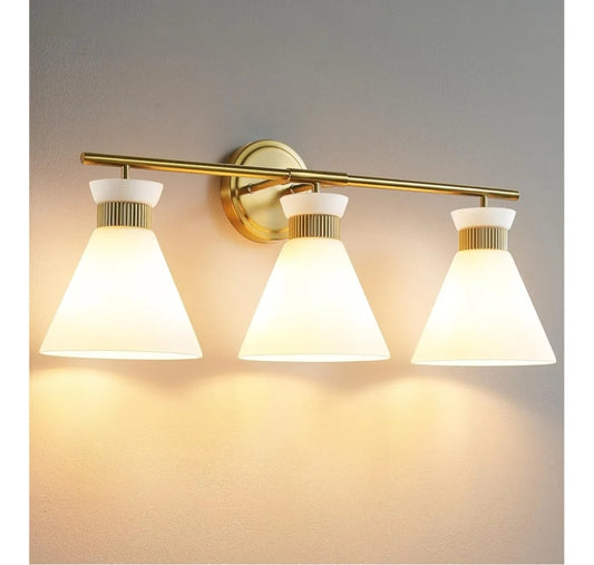 WOSHITU Bathroom Vanity Light Fixtures: 3-Lights Mid Century Modern Vanity Lights for Bathroom Over Mirror, Brushed Gold Wall Sconce Lighting with Frosted Milky Glass Shade for Bath Living Room